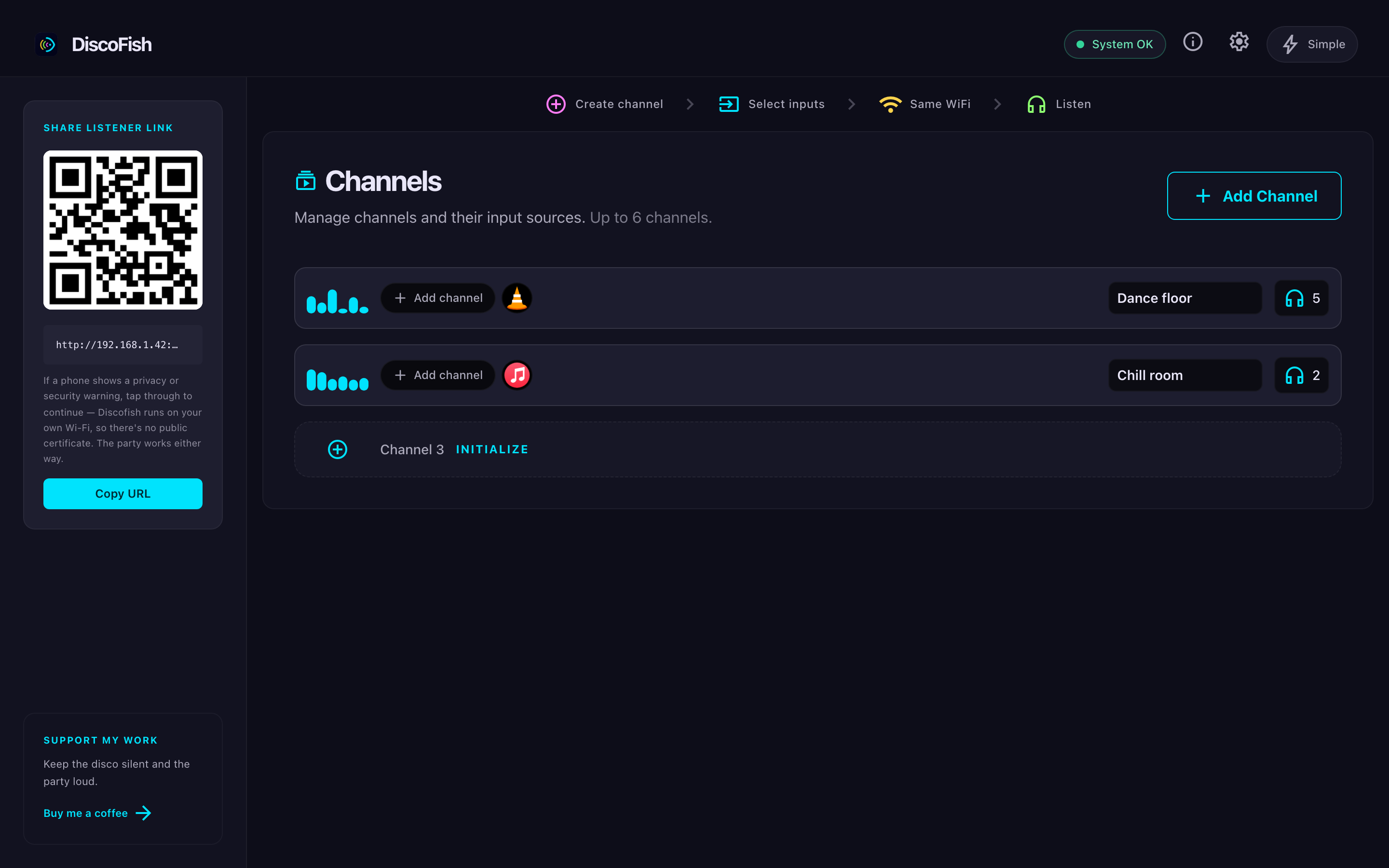 Discofish Advanced view: two channels — Dance floor streaming VLC to five listeners and Chill room streaming the Music app to two — each with live level meters