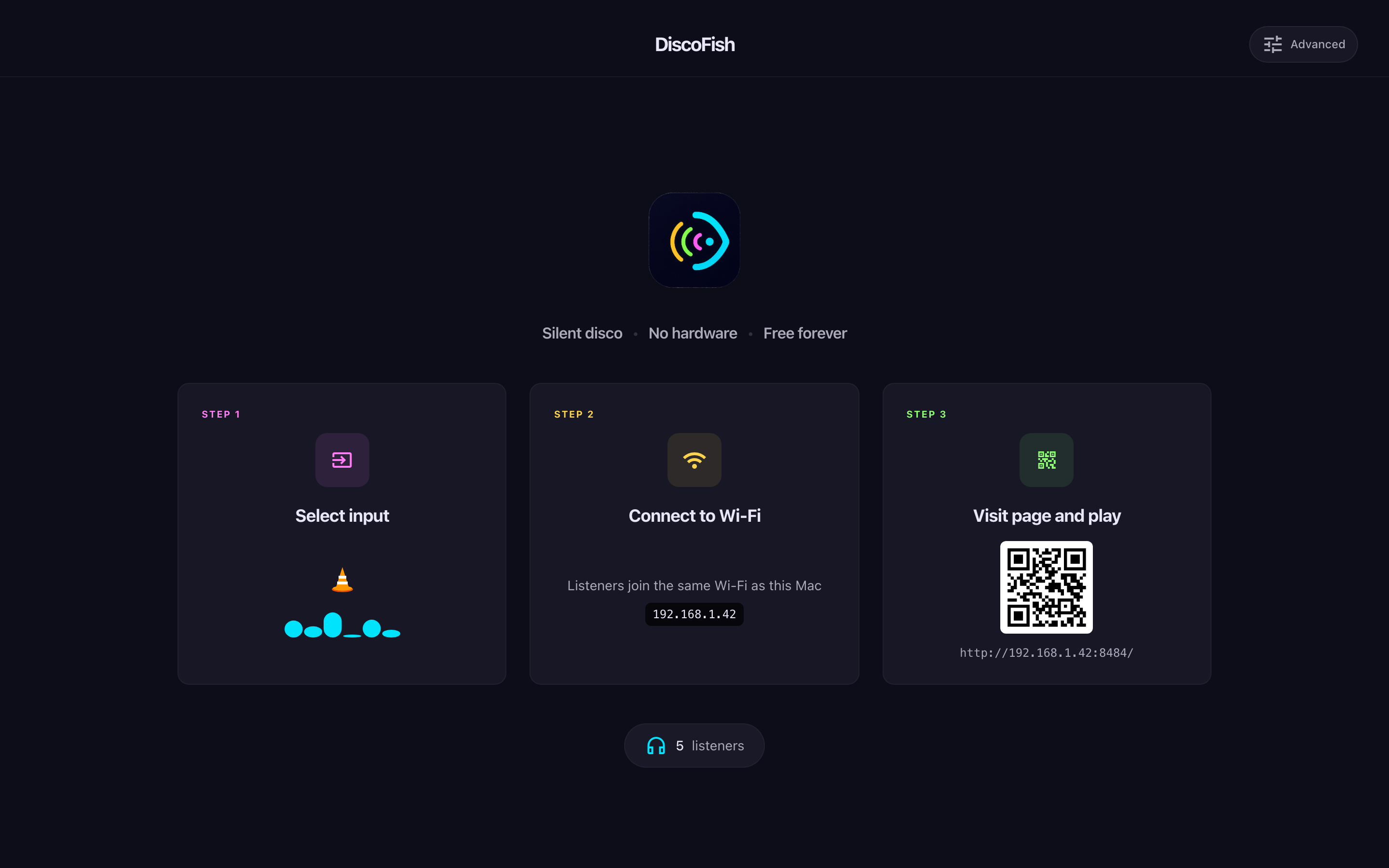 Discofish Simple view: VLC selected as input with a live equalizer, the host's Wi-Fi address, a QR code for guests, and five listeners connected